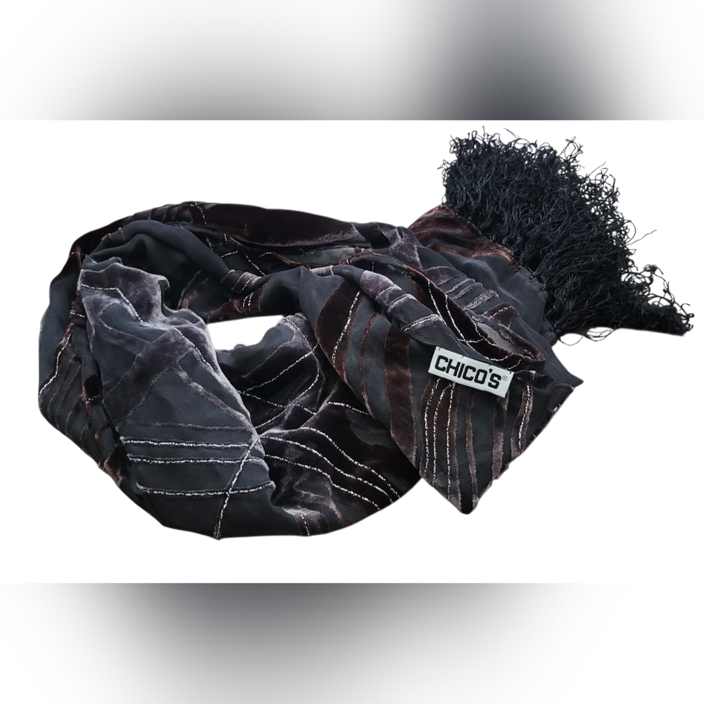 Chico's Vintage Velvet Embellished Metallic Black and Brown Hues Sheer Scarf